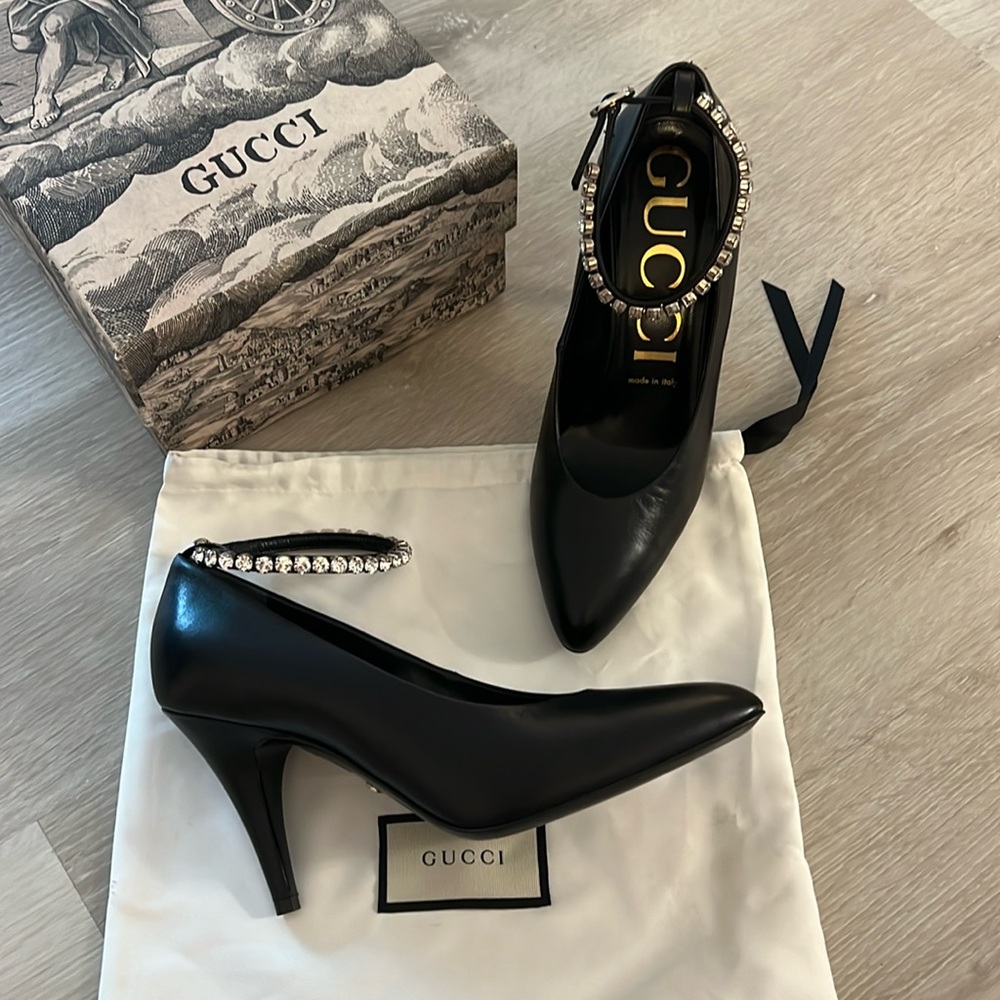 GUCCI Black Heels with Rhinestone Ankle Strap